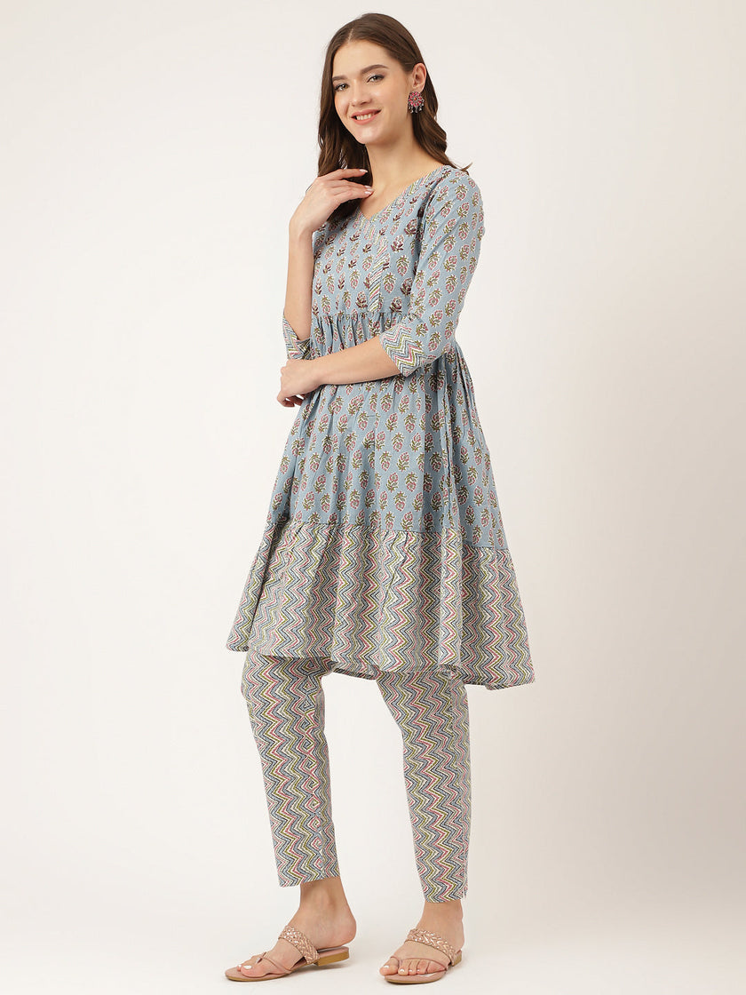 Divena Sky Blue Hand Block Floral Print Cotton Kurta, Trouser