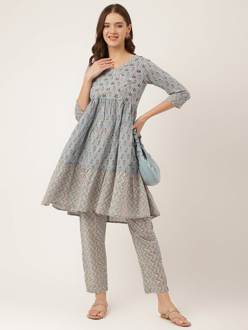 Divena Sky Blue Hand Block Floral Print Cotton Kurta, Trouser