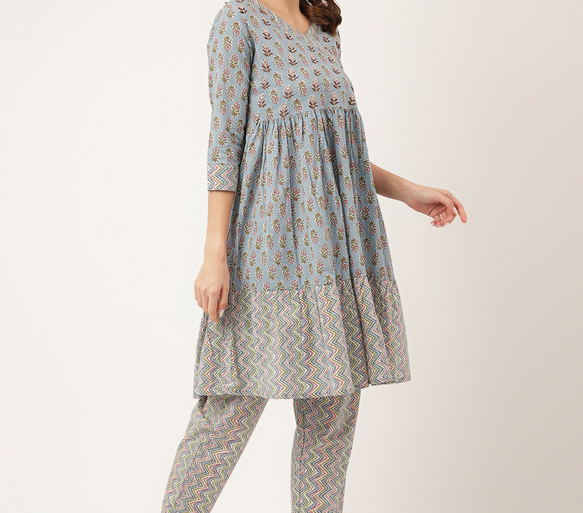 Divena Sky Blue Hand Block Floral Print Cotton Kurta, Trouser