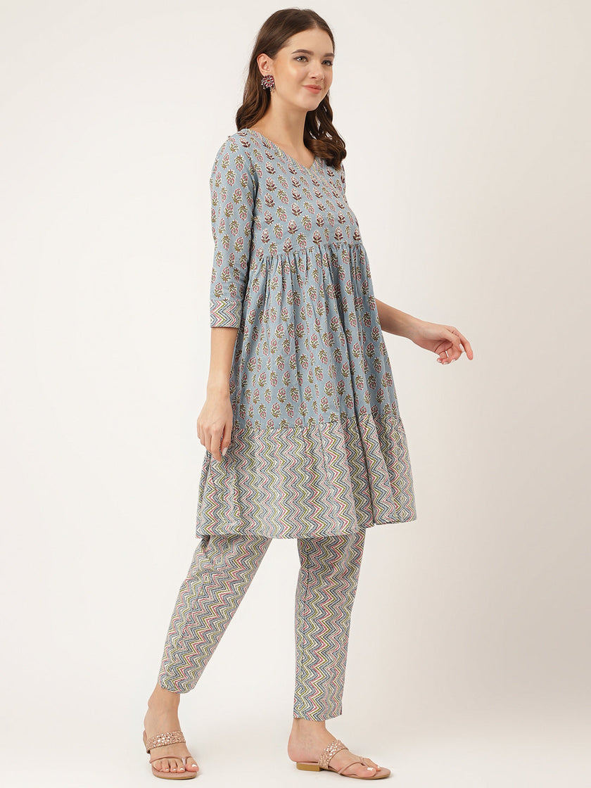 Divena Sky Blue Hand Block Floral Print Cotton Kurta, Trouser