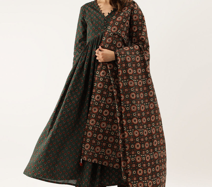 Green Floral Print Cotton Kurta set with Dupatta