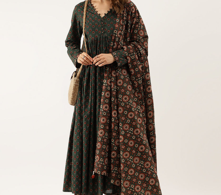 Green Floral Print Cotton Kurta set with Dupatta