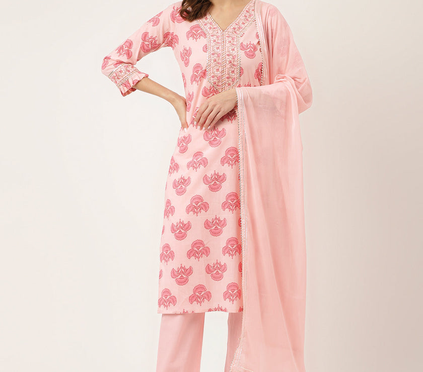 Divena Pink Floral Print Cotton  Kurta, Trouser & Dupatta