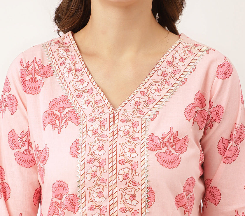 Divena Pink Floral Print Cotton  Kurta, Trouser & Dupatta