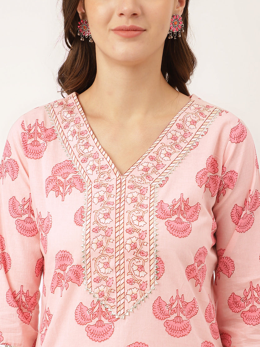 Divena Pink Floral Print Cotton  Kurta, Trouser & Dupatta