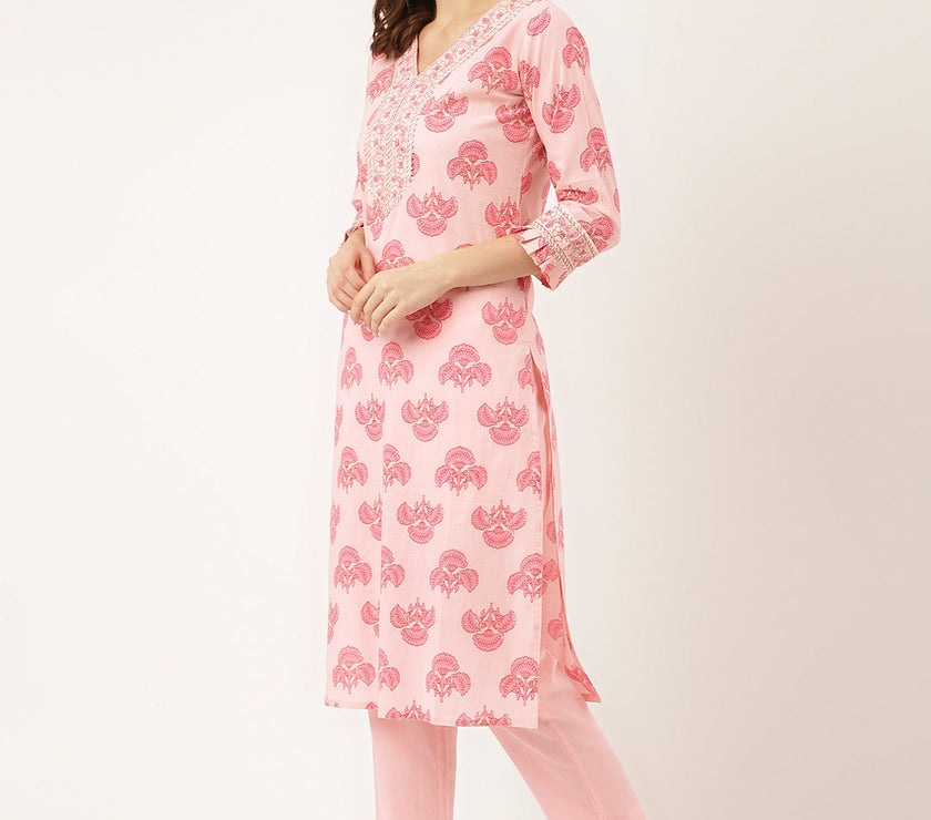 Divena Pink Floral Print Cotton  Kurta, Trouser & Dupatta