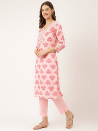 Divena Pink Floral Print Cotton  Kurta, Trouser & Dupatta