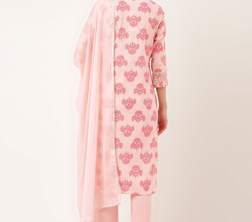 Divena Pink Floral Print Cotton  Kurta, Trouser & Dupatta