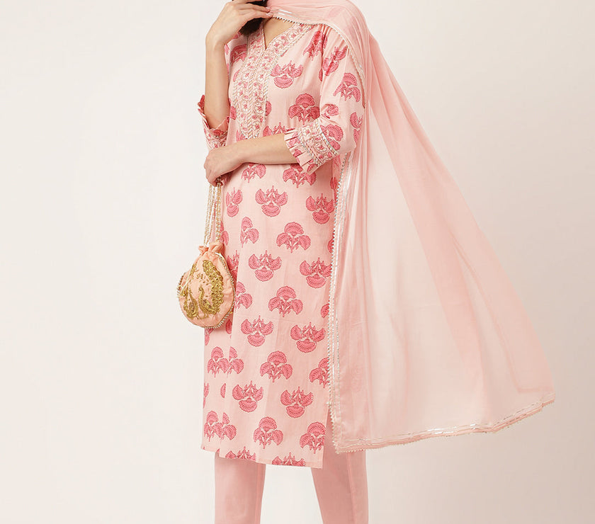 Divena Pink Floral Print Cotton  Kurta, Trouser & Dupatta