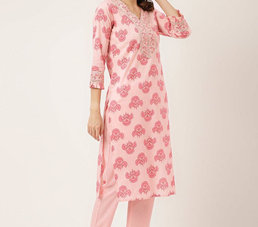 Divena Pink Floral Print Cotton  Kurta, Trouser & Dupatta