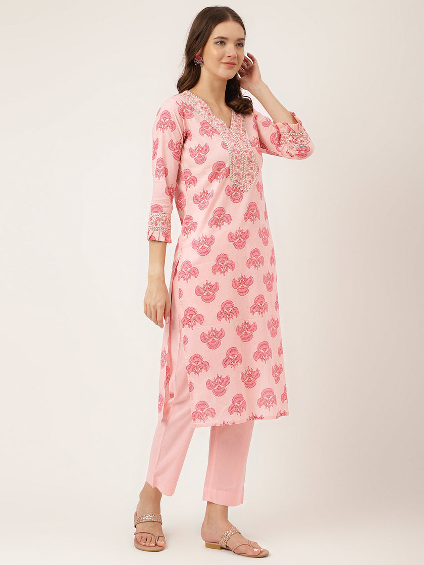 Divena Pink Floral Print Cotton  Kurta, Trouser & Dupatta