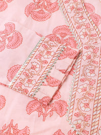 Divena Pink Floral Print Cotton  Kurta, Trouser & Dupatta