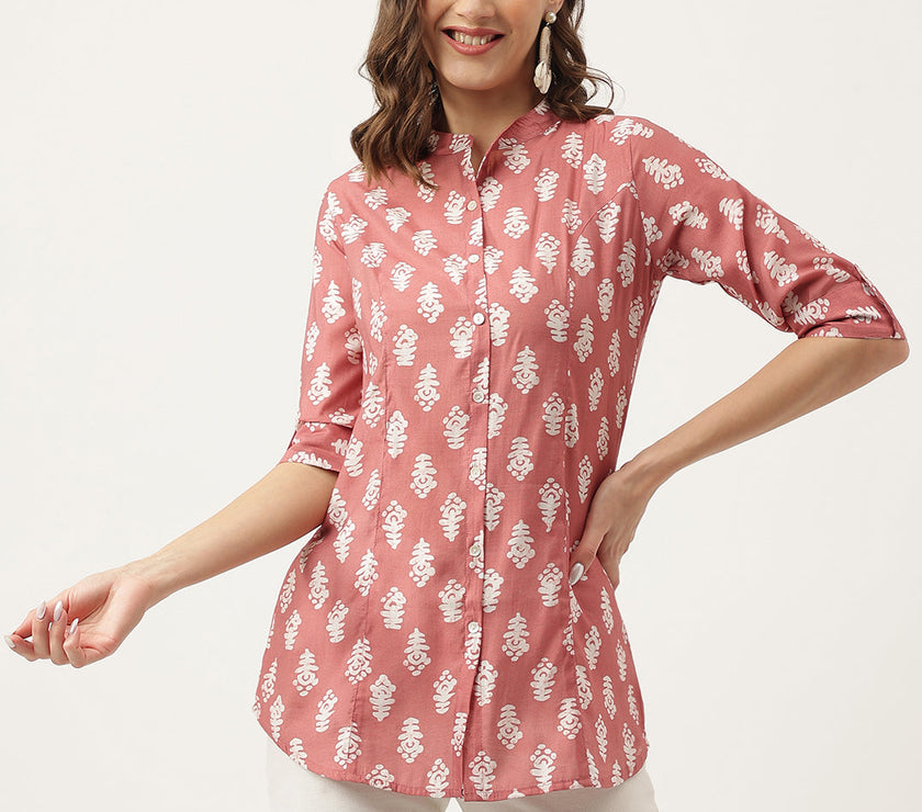 Divena Peach Printed Modal Chanderi Top