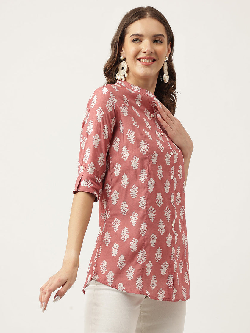 Divena Peach Printed Modal Chanderi Top