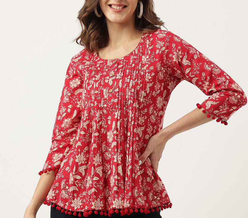 Divena Red Floral Printed Cotton Peplum Top