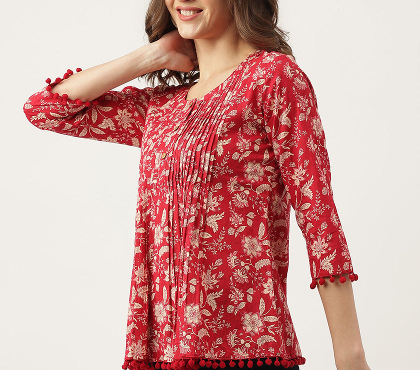 Divena Red Floral Printed Cotton Peplum Top