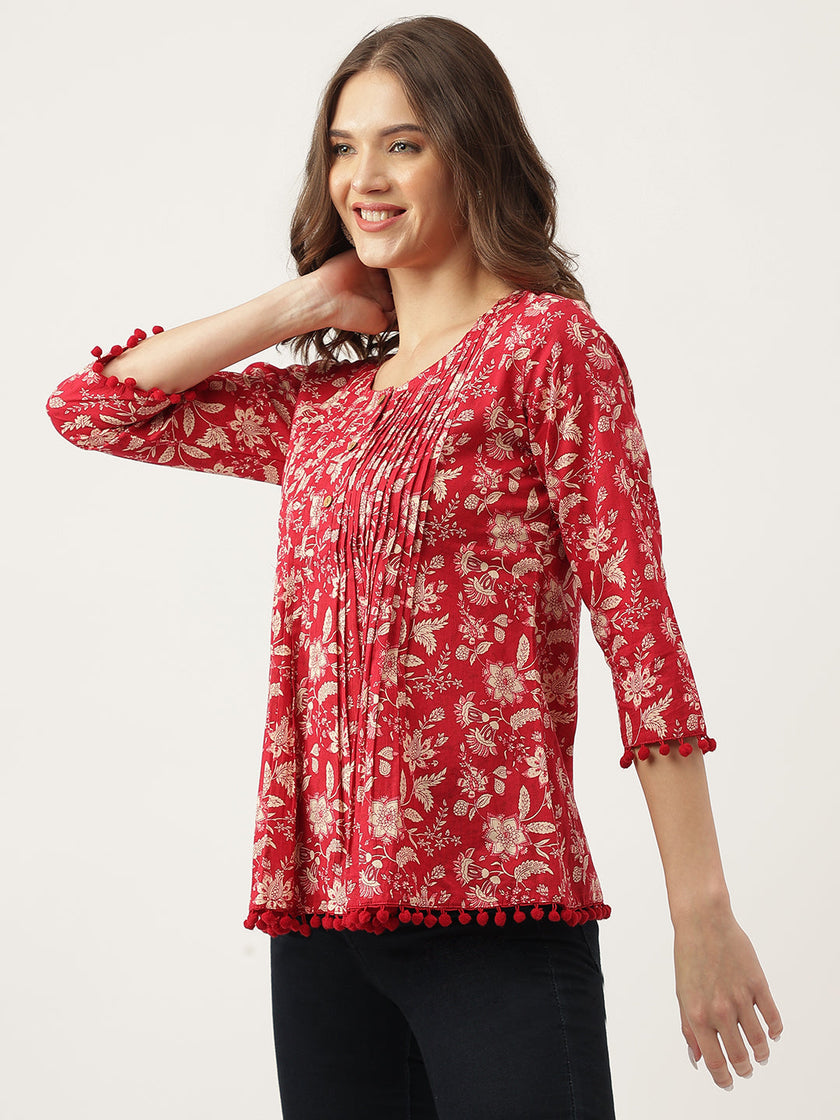 Divena Red Floral Printed Cotton Peplum Top