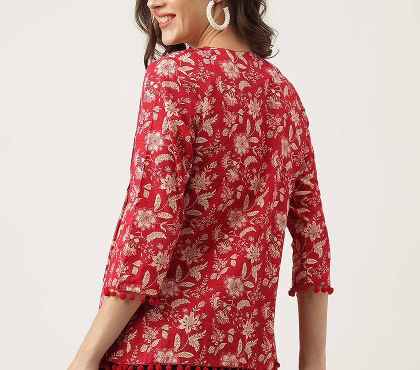 Divena Red Floral Printed Cotton Peplum Top