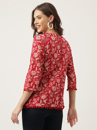 Divena Red Floral Printed Cotton Peplum Top