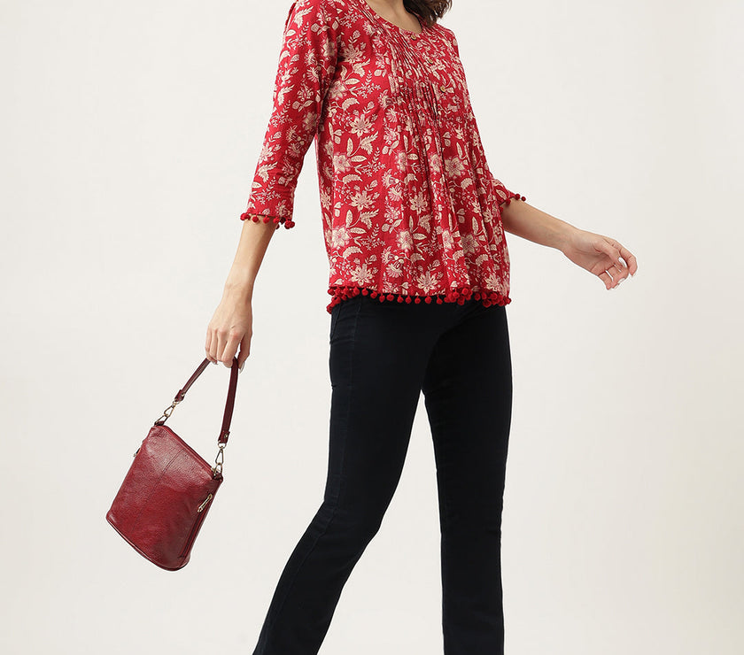 Divena Red Floral Printed Cotton Peplum Top