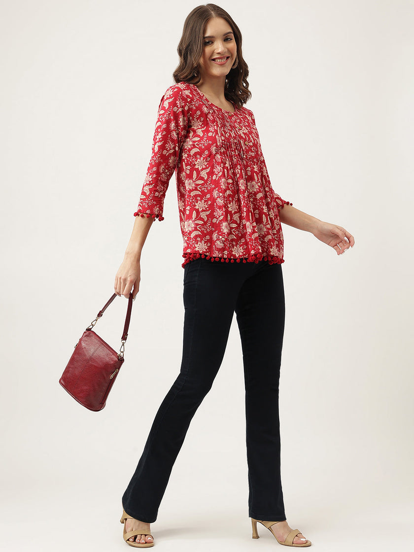 Divena Red Floral Printed Cotton Peplum Top