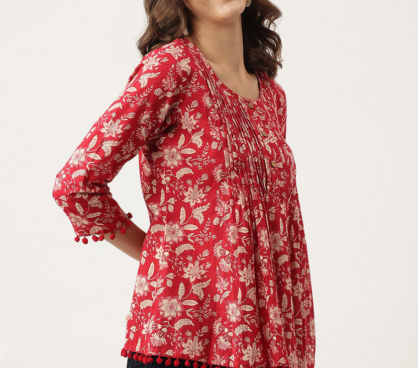 Divena Red Floral Printed Cotton Peplum Top