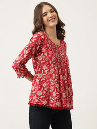 Divena Red Floral Printed Cotton Peplum Top