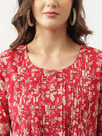 Divena Red Floral Printed Cotton Peplum Top