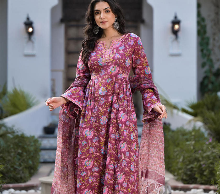 Divena Magenta Hand Block Floral Printed Cotton Kurta Set