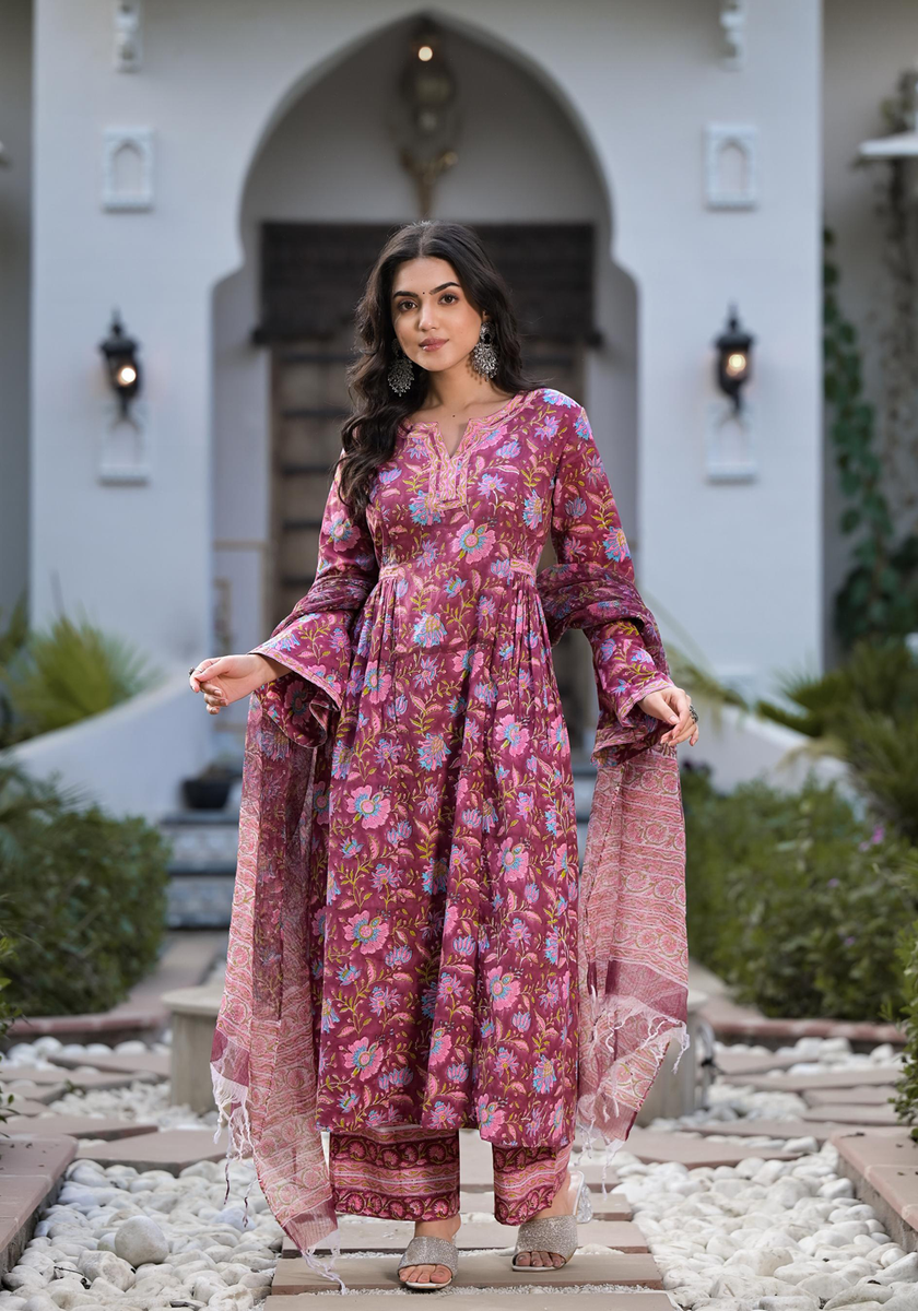 Divena Magenta Hand Block Floral Printed Cotton Kurta Set