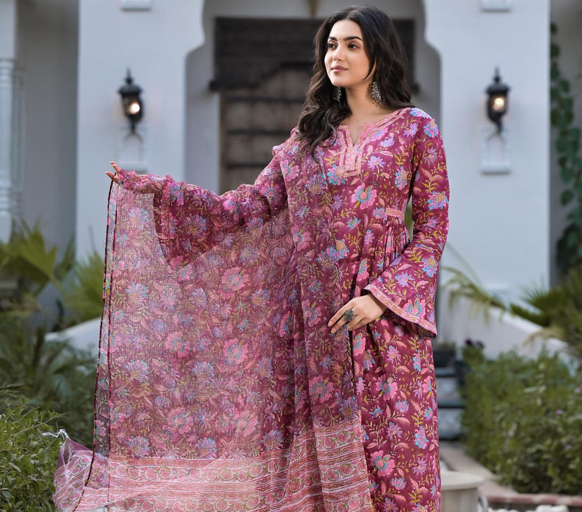 Divena Magenta Hand Block Floral Printed Cotton Kurta Set