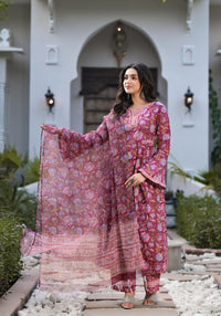 Divena Magenta Hand Block Floral Printed Cotton Kurta Set