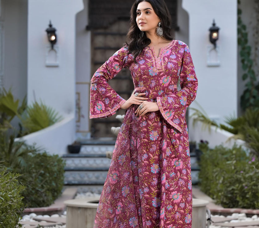 Divena Magenta Hand Block Floral Printed Cotton Kurta Set