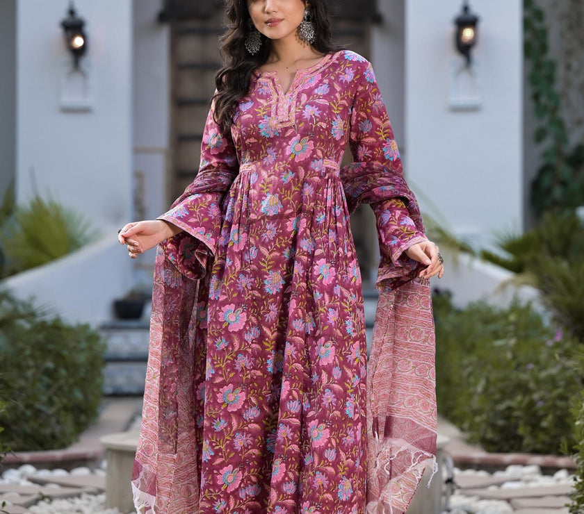 Divena Magenta Hand Block Floral Printed Cotton Kurta Set