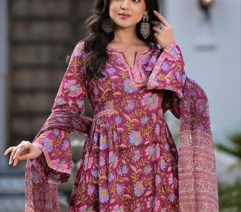 Divena Magenta Hand Block Floral Printed Cotton Kurta Set