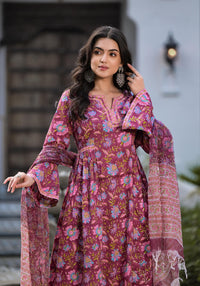 Divena Magenta Hand Block Floral Printed Cotton Kurta Set