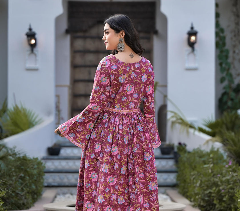 Divena Magenta Hand Block Floral Printed Cotton Kurta Set