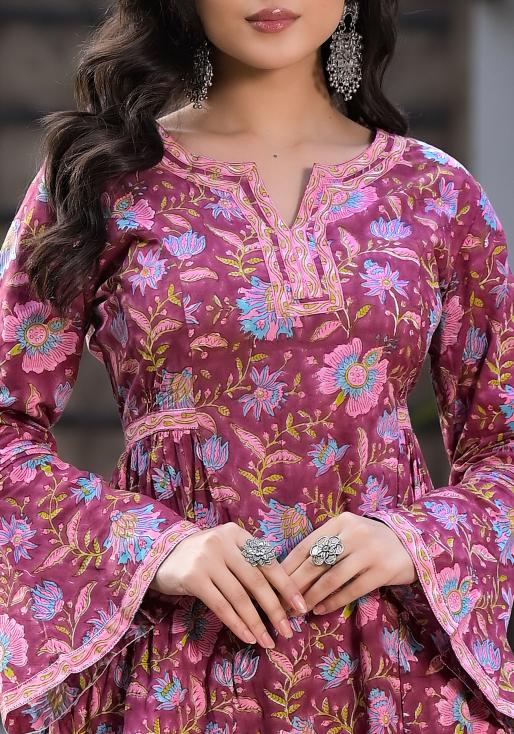 Divena Magenta Hand Block Floral Printed Cotton Kurta Set