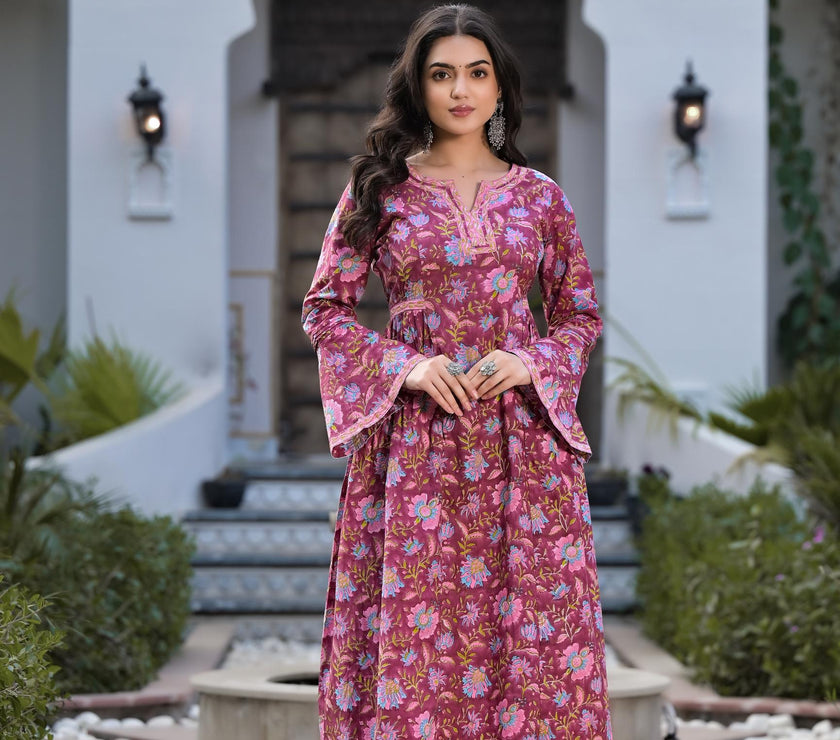 Divena Magenta Hand Block Floral Printed Cotton Kurta Set