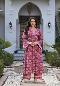 Divena Magenta Hand Block Floral Printed Cotton Kurta Set