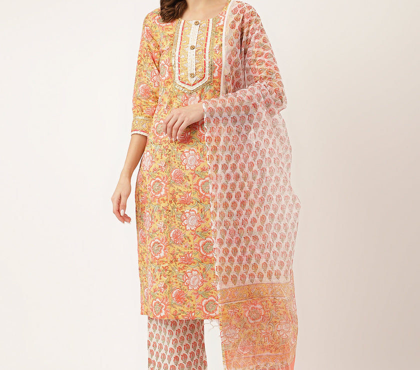 Divena Yellow Hand Block Floral Print Cotton  Kurta, Trouser With Dupatta