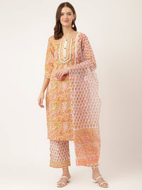 Divena Yellow Hand Block Floral Print Cotton  Kurta, Trouser With Dupatta