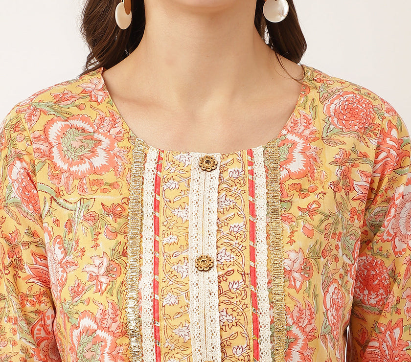 Divena Yellow Hand Block Floral Print Cotton  Kurta, Trouser With Dupatta