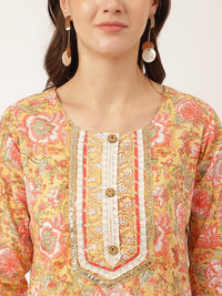 Divena Yellow Hand Block Floral Print Cotton  Kurta, Trouser With Dupatta