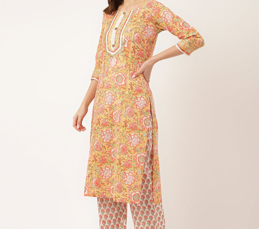 Divena Yellow Hand Block Floral Print Cotton  Kurta, Trouser With Dupatta