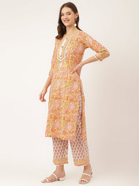 Divena Yellow Hand Block Floral Print Cotton  Kurta, Trouser With Dupatta