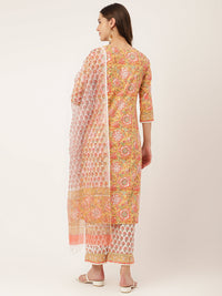 Divena Yellow Hand Block Floral Print Cotton  Kurta, Trouser With Dupatta