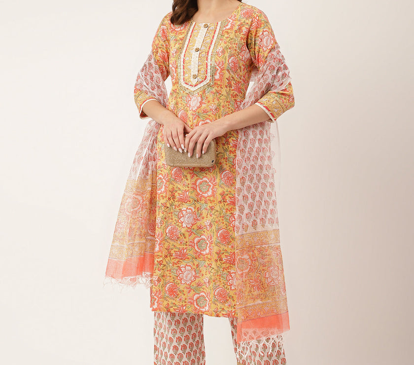 Divena Yellow Hand Block Floral Print Cotton  Kurta, Trouser With Dupatta