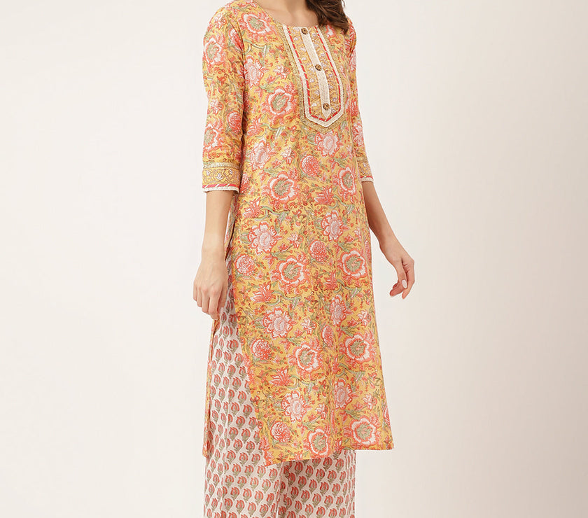 Divena Yellow Hand Block Floral Print Cotton  Kurta, Trouser With Dupatta