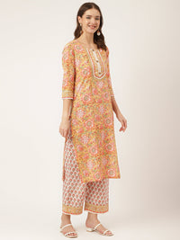 Divena Yellow Hand Block Floral Print Cotton  Kurta, Trouser With Dupatta